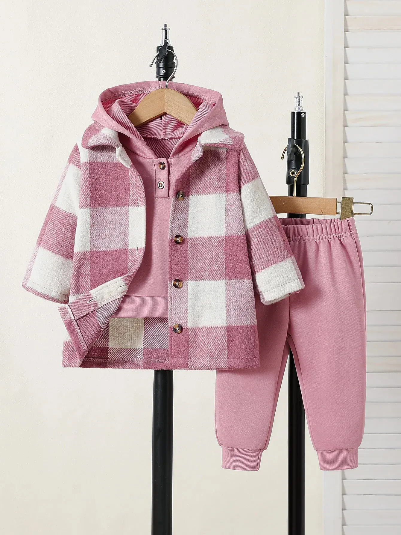 Pink Plaid Baby Girl Outfit – Cozy 3-Piece Matching Set (6-36M) - Image 2