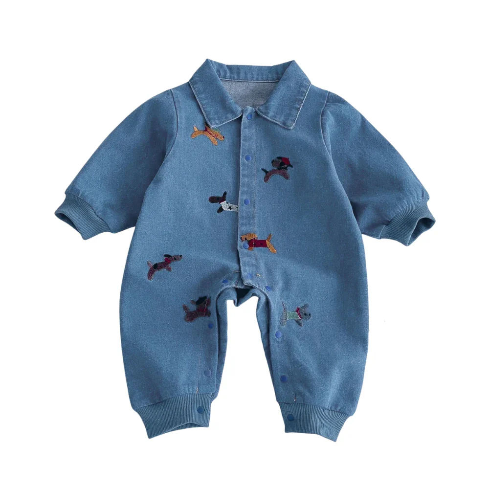 Baby Denim Embroidered Jumpsuit – Long Sleeve One-Piece Outfit (3-24M)