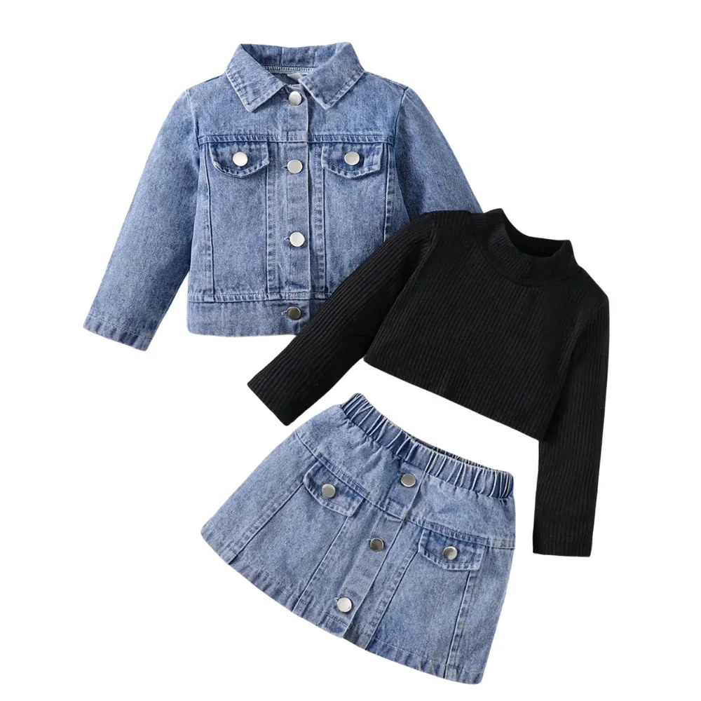 Baby Girl Denim 3-Piece Outfit Set – Jacket, Skirt & Knit Top (6-36M)
