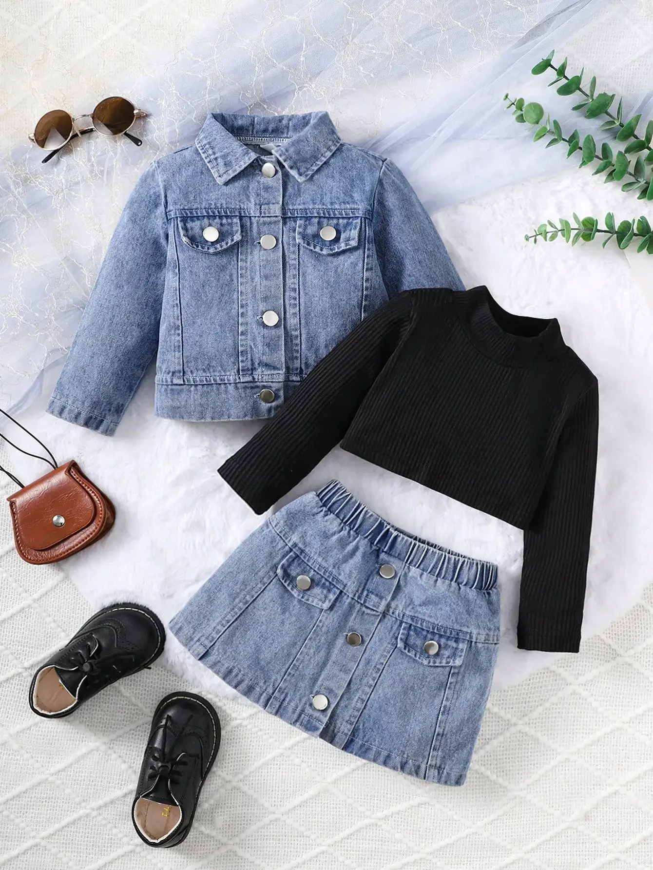 Baby Girl Denim 3-Piece Outfit Set – Jacket, Skirt & Knit Top (6-36M) - Image 2