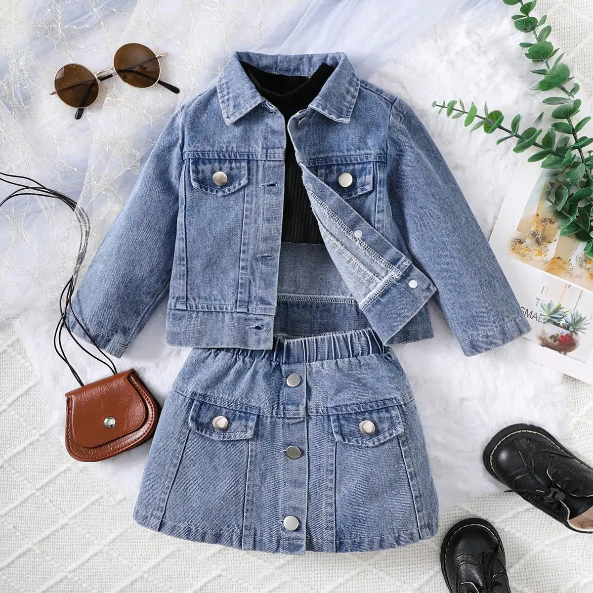 Baby Girl Denim 3-Piece Outfit Set – Jacket, Skirt & Knit Top (6-36M) - Image 4