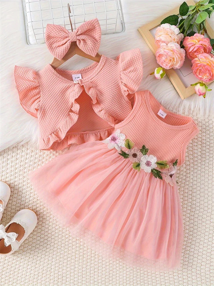 Baby Girl Floral Tulle Dress Set – Sleeveless Summer Dress (3–36M) - Image 2