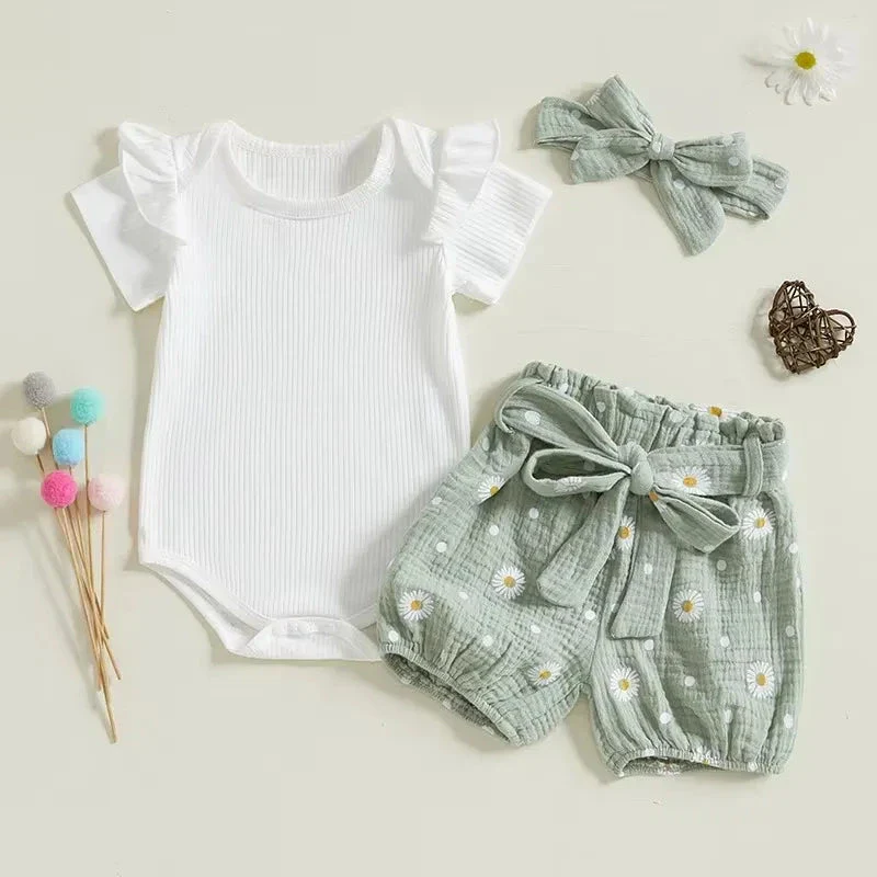 Baby Girl Summer Ribbed Romper Set with Daisy Shorts & Headband – (3 Piece Outfit - 3-24M) - Image 2