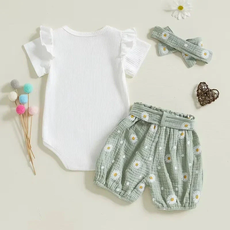 Baby Girl Summer Ribbed Romper Set with Daisy Shorts & Headband – (3 Piece Outfit - 3-24M) - Image 3