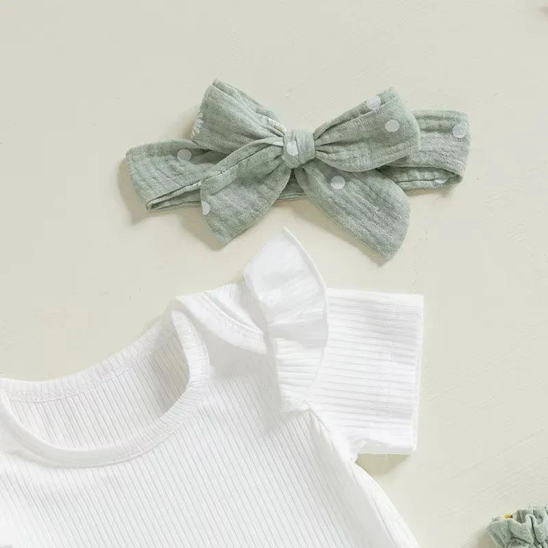 Baby Girl Summer Ribbed Romper Set with Daisy Shorts & Headband – (3 Piece Outfit - 3-24M) - Image 4