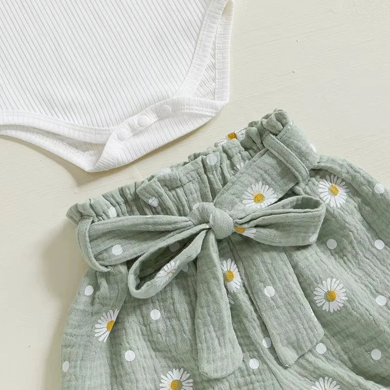 Baby Girl Summer Ribbed Romper Set with Daisy Shorts & Headband – (3 Piece Outfit - 3-24M) - Image 5