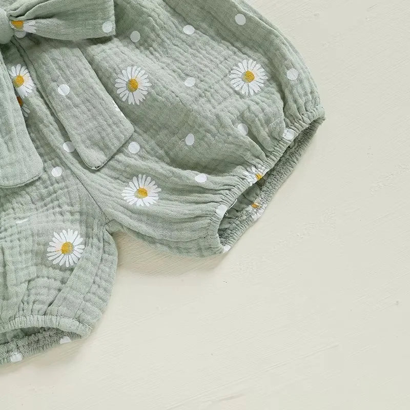 Baby Girl Summer Ribbed Romper Set with Daisy Shorts & Headband – (3 Piece Outfit - 3-24M) - Image 6