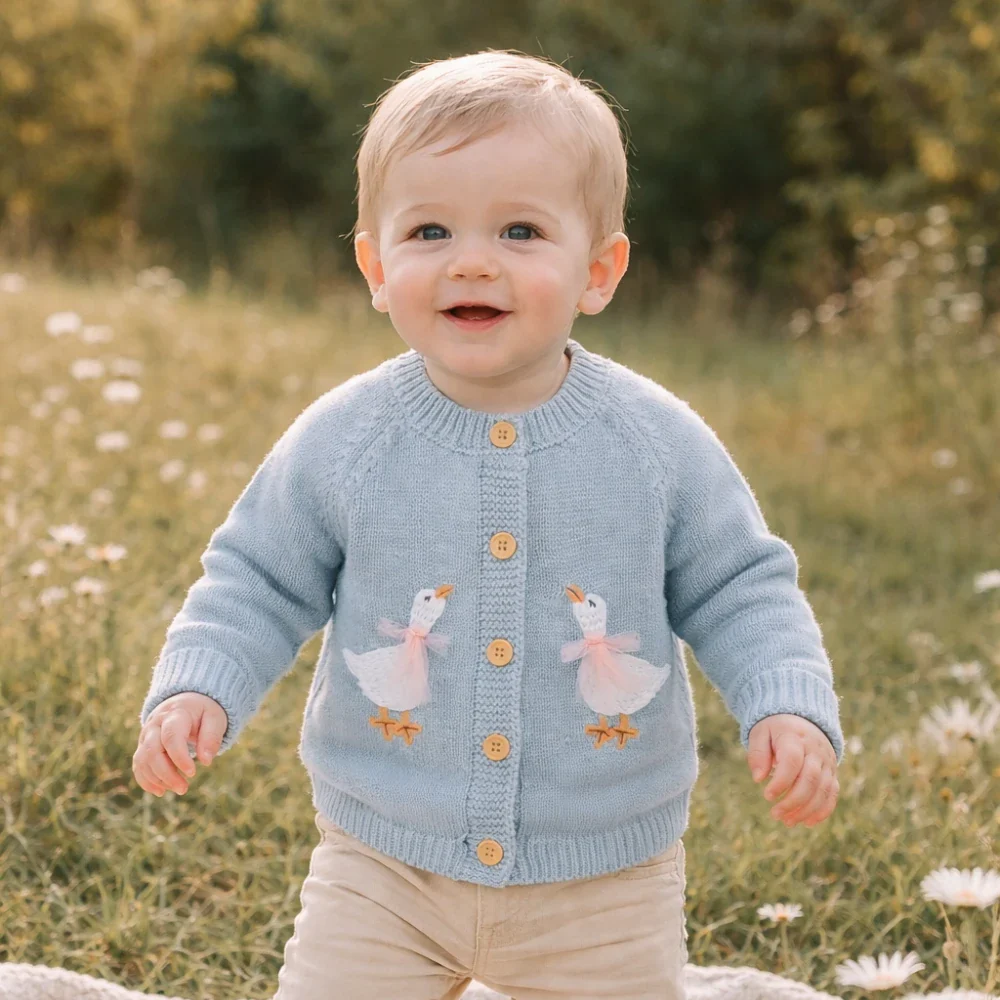 Goose Embroidery Cardigan & Hat Set (3-24M) - Image 10