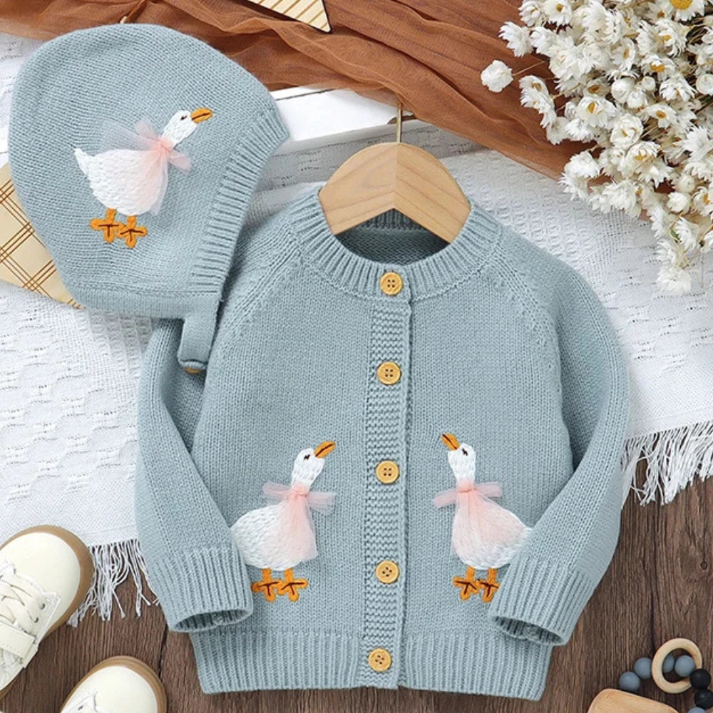 Goose Embroidery Cardigan & Hat Set (3-24M) - Image 7