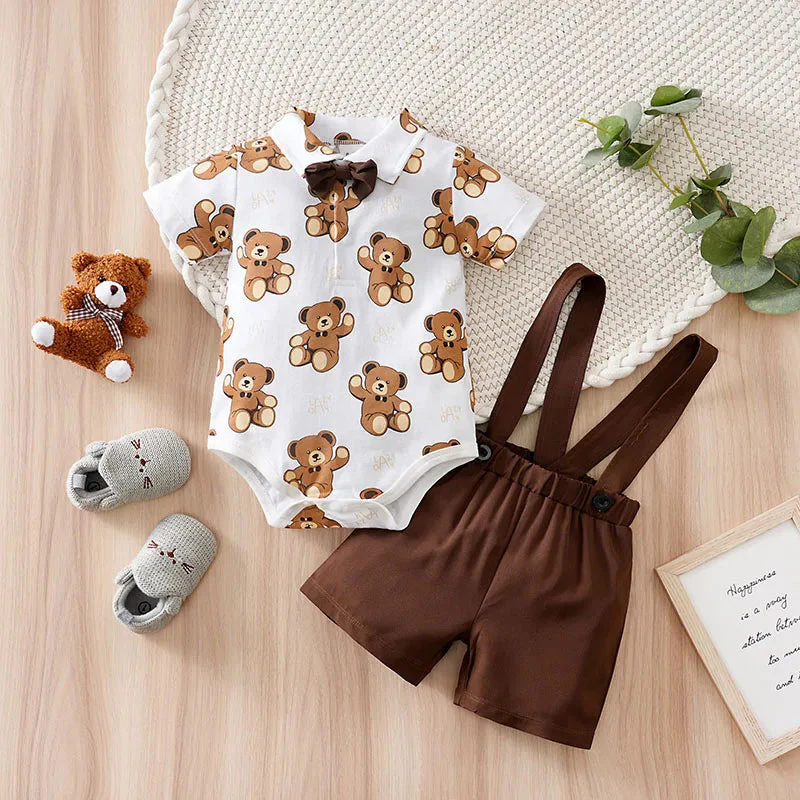 Bear Print Baby Summer Outfit Set with Short Sleeve Top (0–18M) - Image 2