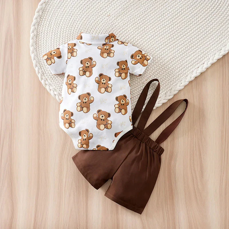 Bear Print Baby Summer Outfit Set with Short Sleeve Top (0–18M) - Image 3