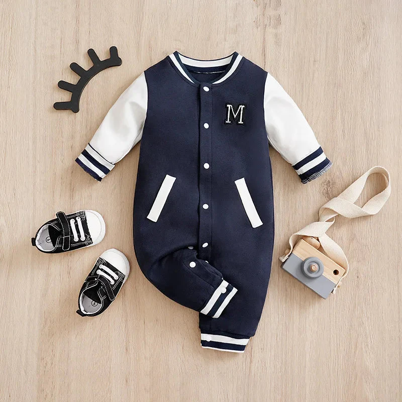 Blue Varsity-Style Baby Romper in Soft Cotton (0–12M) - Image 2