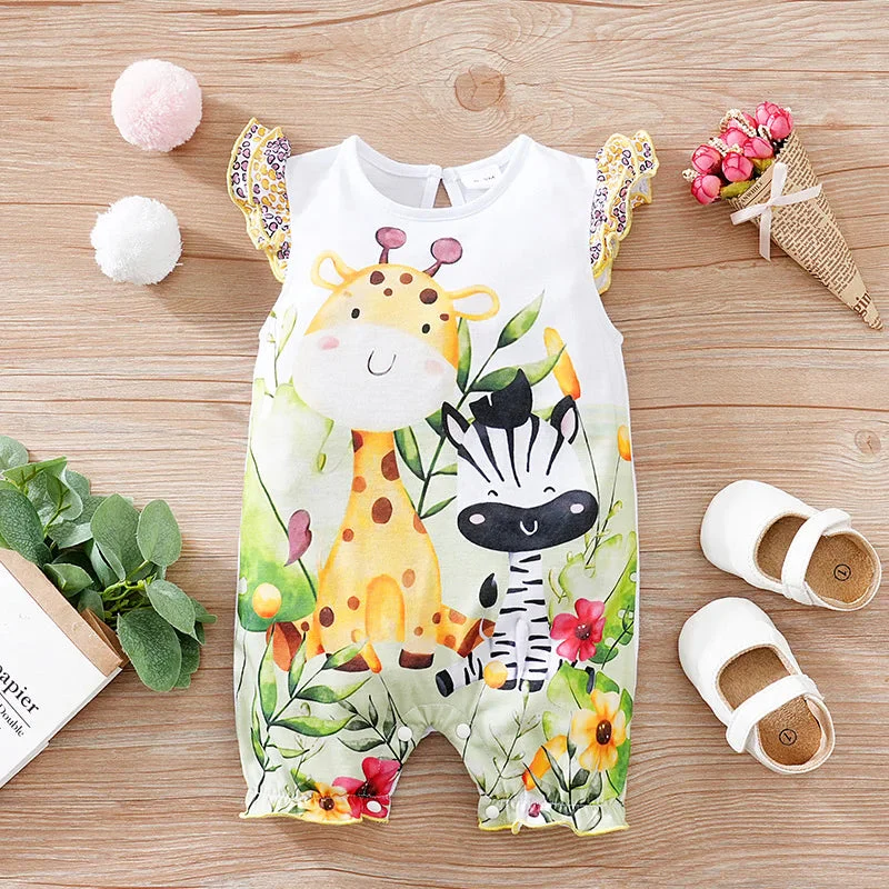 Colorful Jungle Baby Girl Romper with Giraffe & Zebra Print (0–18M) - Image 2