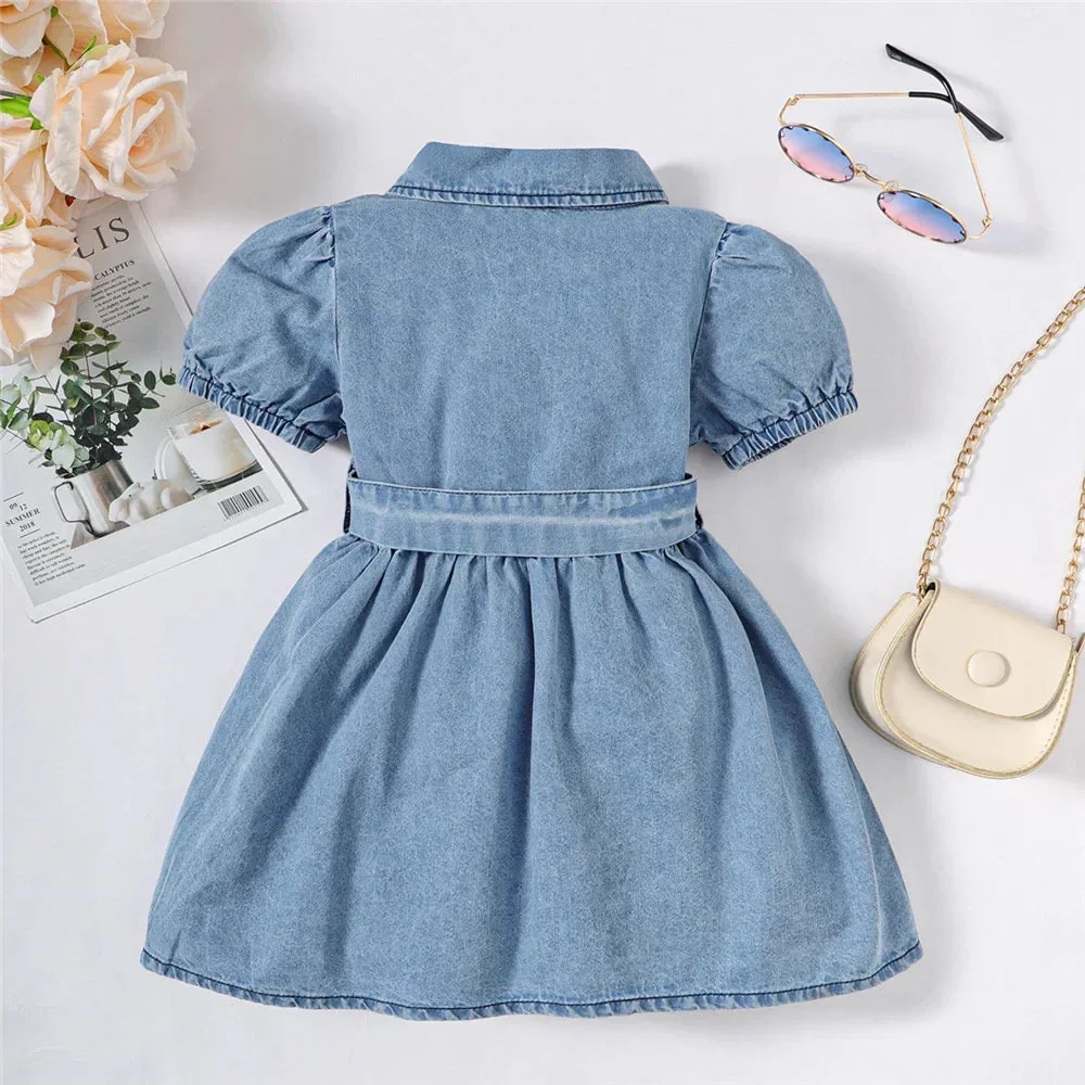 Denim Baby Girl Dress with Puff Sleeves and Belt (6-36M) - Image 3