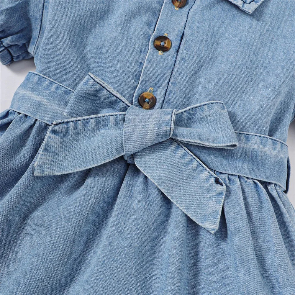 Denim Baby Girl Dress with Puff Sleeves and Belt (6-36M) - Image 5