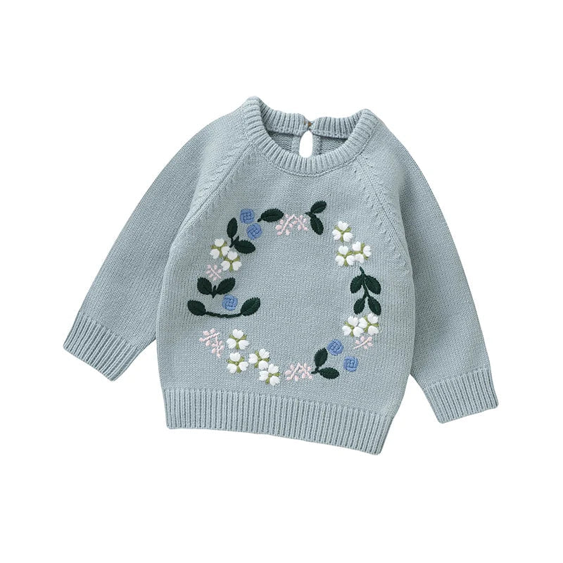 Floral Embroidered Knit Sweater for Babies – Long Sleeve Soft Knit Pullover (6–36M)