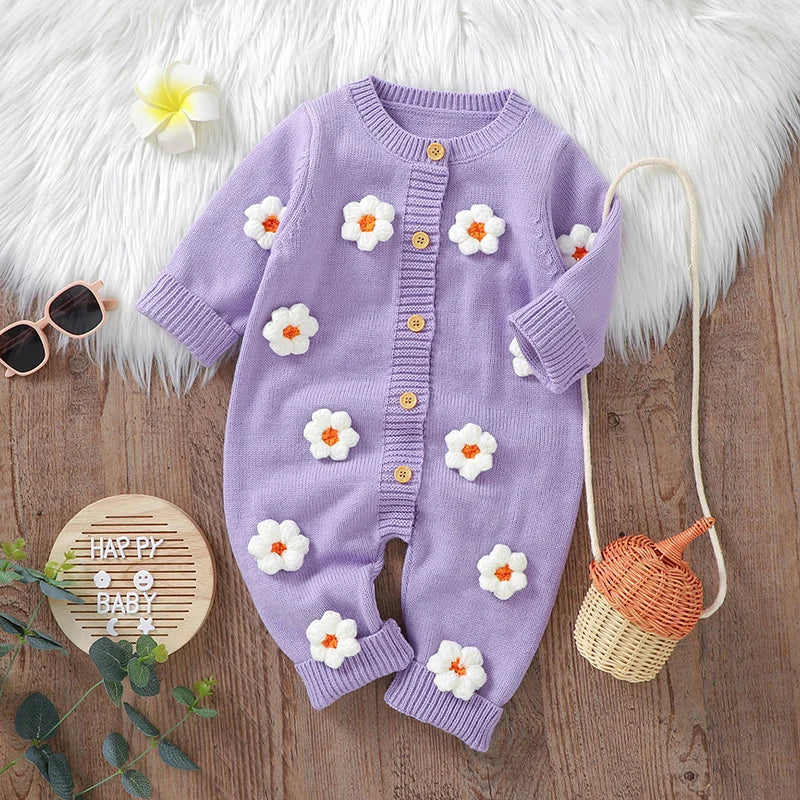 Floral Knit Baby Jumpsuit – Long Sleeve Cozy One-Piece (0-24M) - Image 2
