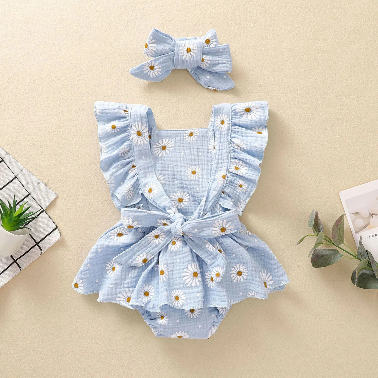 Floral Sleeveless Baby Girl Romper Dress with Ruffle Straps (0-24M) - Image 2