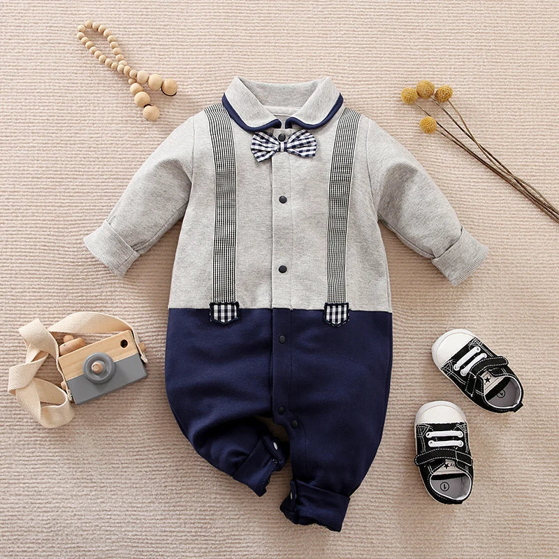Gentleman Baby Boy Romper with Bow Tie & Suspenders (0–18M) - Image 2