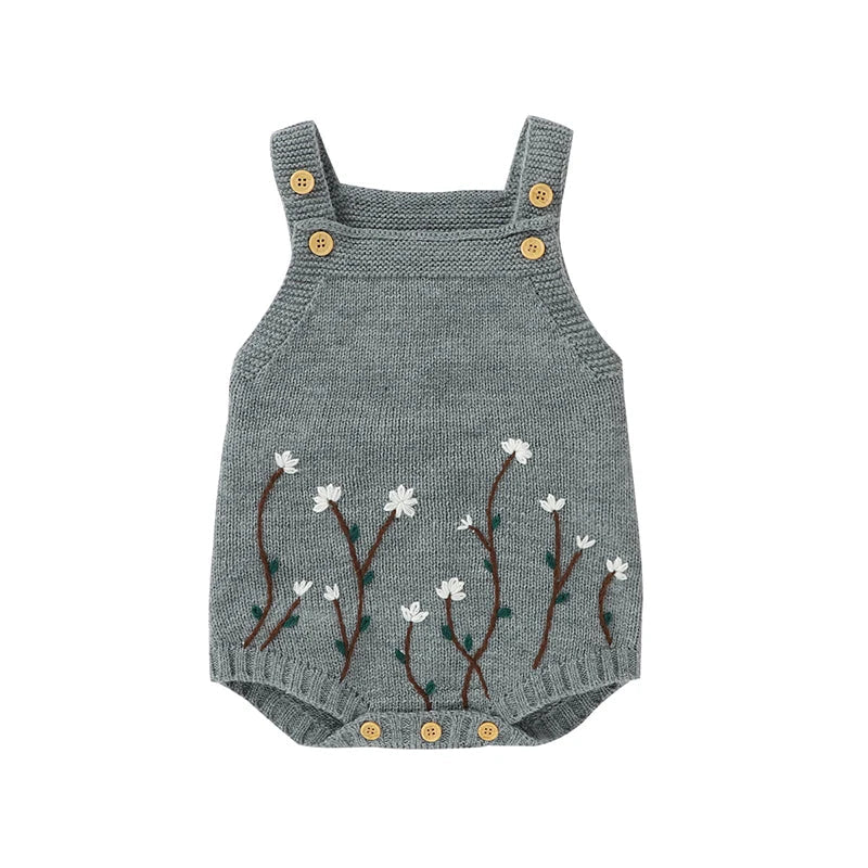 Handcrafted Sleeveless Knit Romper for Baby Girls with Floral Embroidery (0-18M)