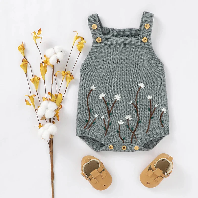Handcrafted Sleeveless Knit Romper for Baby Girls with Floral Embroidery (0-18M) - Image 3