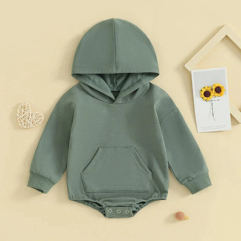 Hooded Baby Romper with Front Pocket – Long Sleeve One-Piece (0-24M) - Image 2