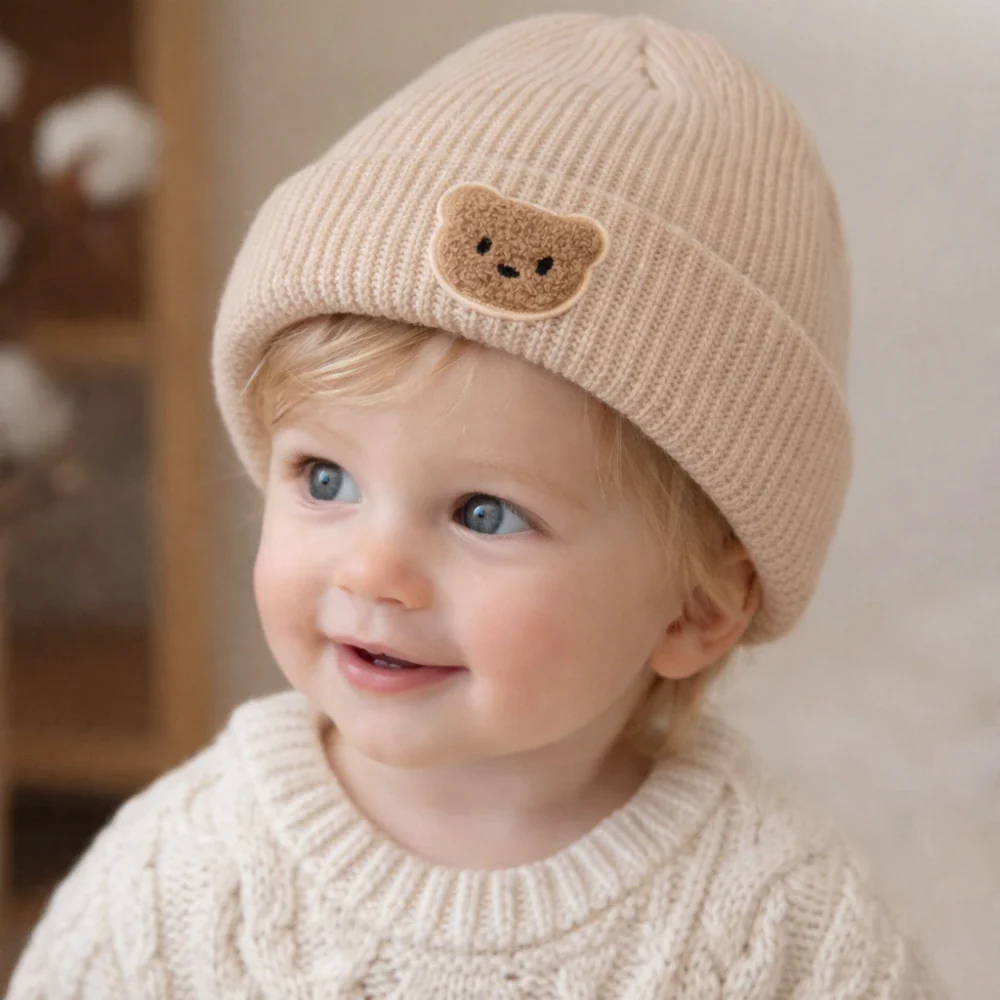 Knitted Baby Beanie with Teddy Bear Patch – Soft & Warm Winter Hat (6-36M) - Image 10