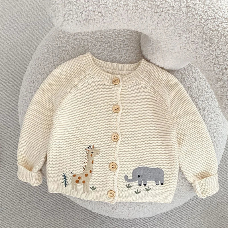 Knitted Baby Cardigan with Animal Embroidery – Cotton Button-Up (0-24M) - Image 2
