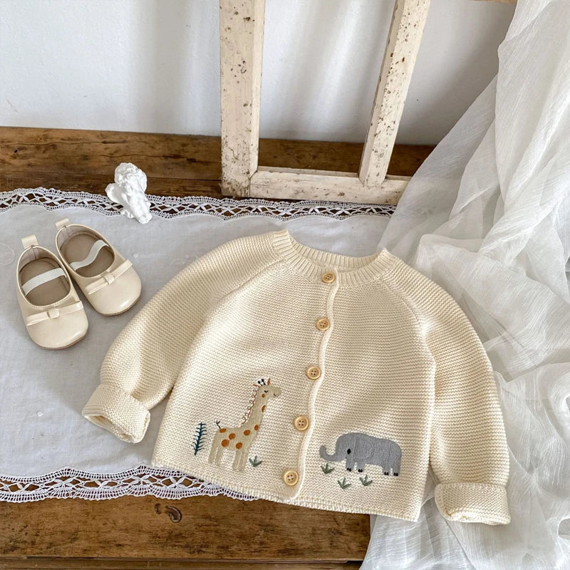 Knitted Baby Cardigan with Animal Embroidery – Cotton Button-Up (0-24M) - Image 4