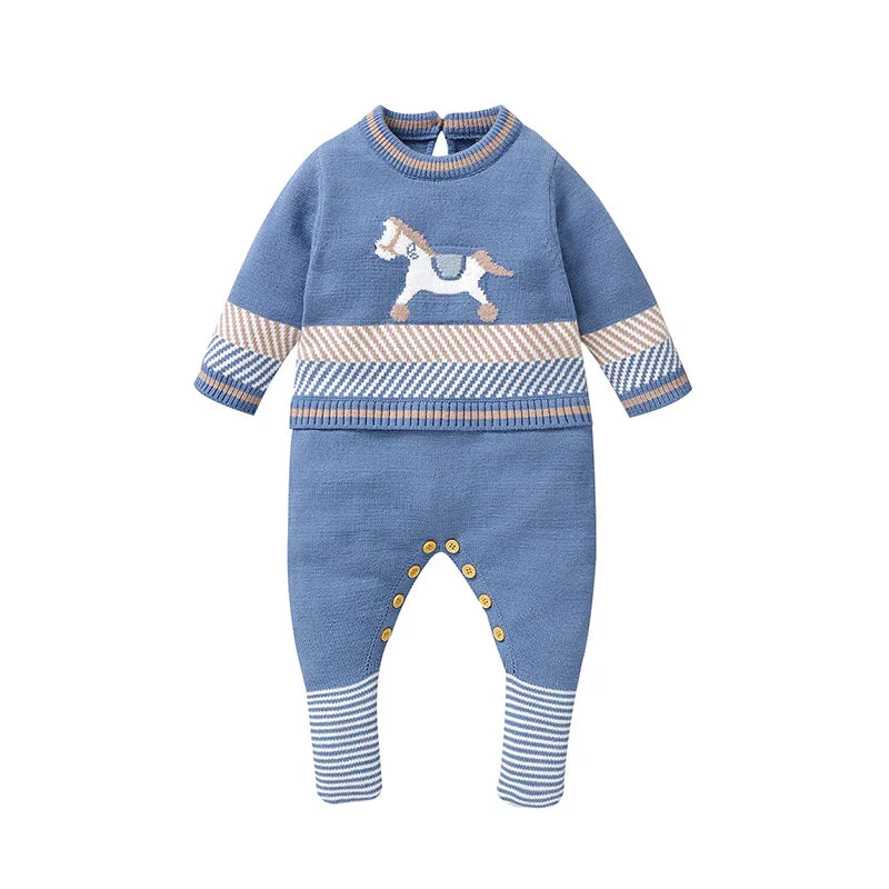 Knitted Baby Footed Romper – Horse Pattern One-Piece (0–12M)