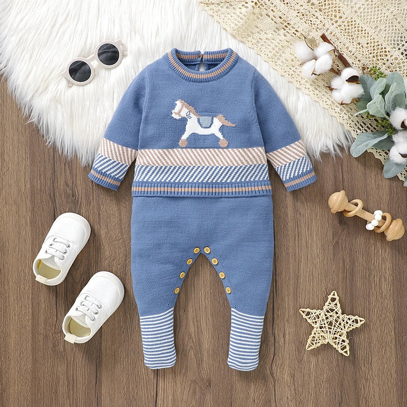 Knitted Baby Footed Romper – Horse Pattern One-Piece (0–12M) - Image 2