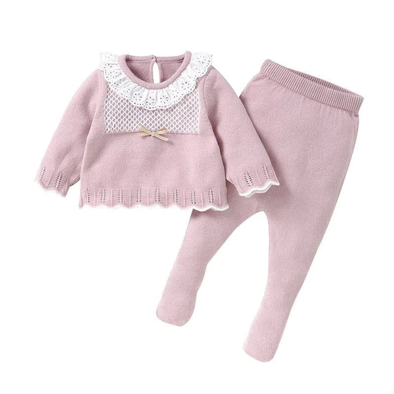 Knitted Baby Girl Outfit Set – Long Sleeve Top & Pants (0–12M)
