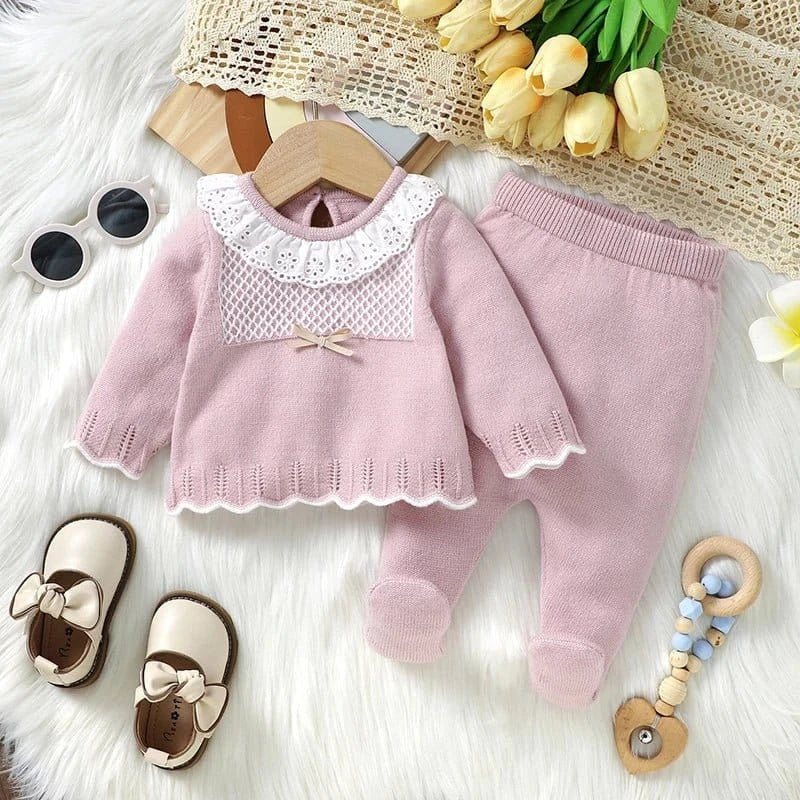 Knitted Baby Girl Outfit Set – Long Sleeve Top & Pants (0–12M) - Image 2