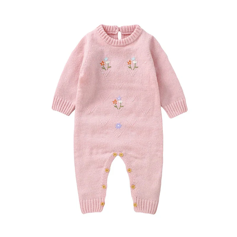 Knitted Baby Girl Romper – Floral Embroidery One-Piece (0–24M)