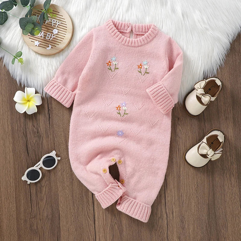 Knitted Baby Girl Romper – Floral Embroidery One-Piece (0–24M) - Image 2