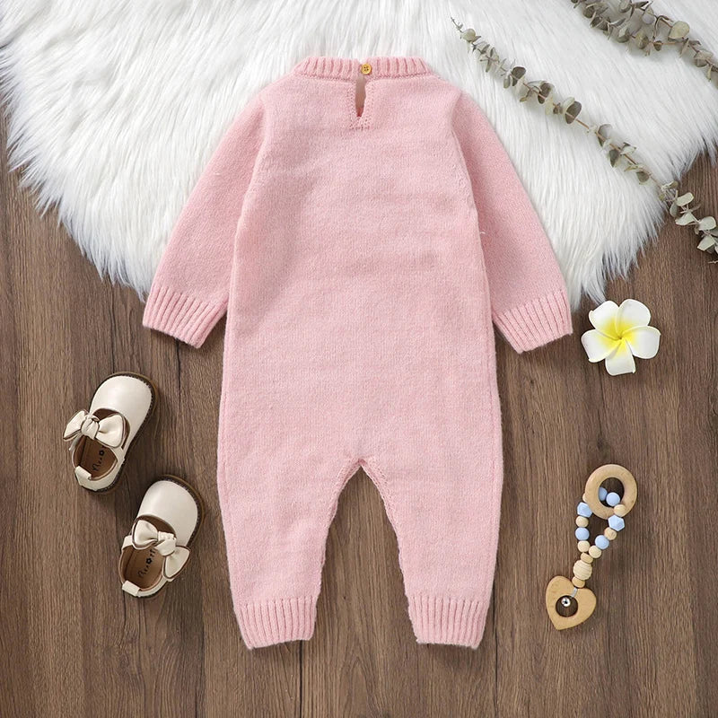 Knitted Baby Girl Romper – Floral Embroidery One-Piece (0–24M) - Image 3