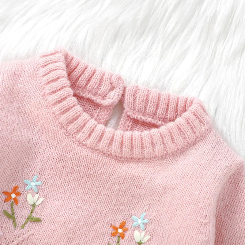 Knitted Baby Girl Romper – Floral Embroidery One-Piece (0–24M) - Image 4