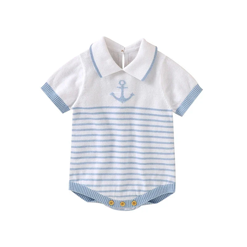 Knitted Baby Romper with Sailor Collar – Short Sleeve Cotton One-Piece (0-18M)