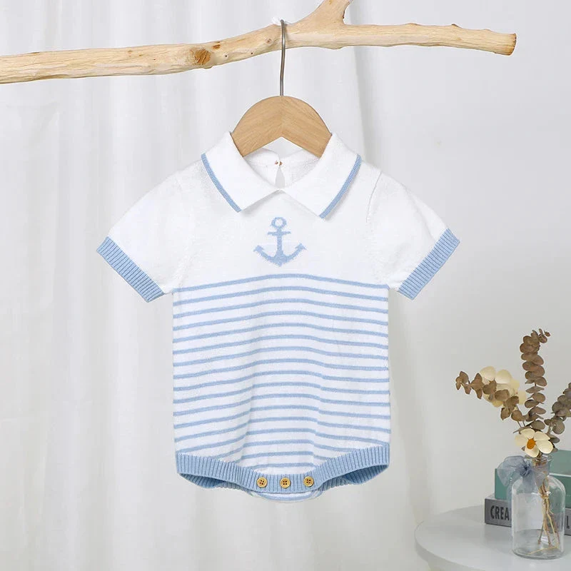 Knitted Baby Romper with Sailor Collar – Short Sleeve Cotton One-Piece (0-18M) - Image 2