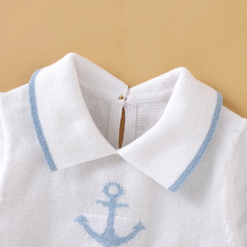 Knitted Baby Romper with Sailor Collar – Short Sleeve Cotton One-Piece (0-18M) - Image 3