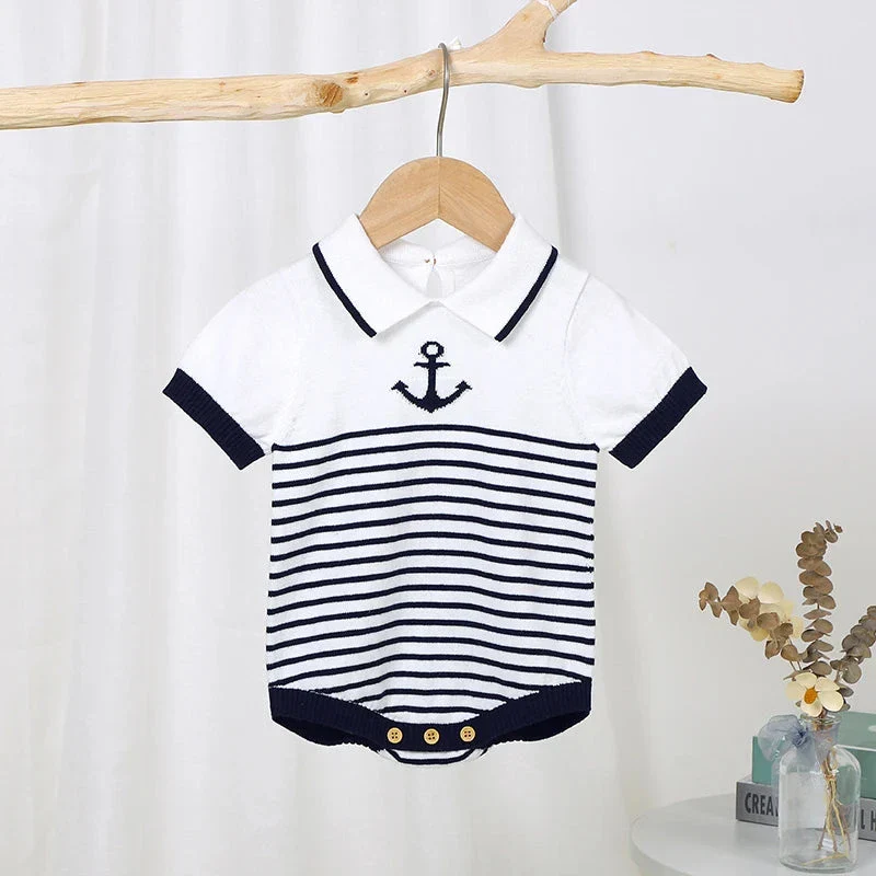 Knitted Baby Romper with Sailor Collar – Short Sleeve Cotton One-Piece (0-18M) - Image 5