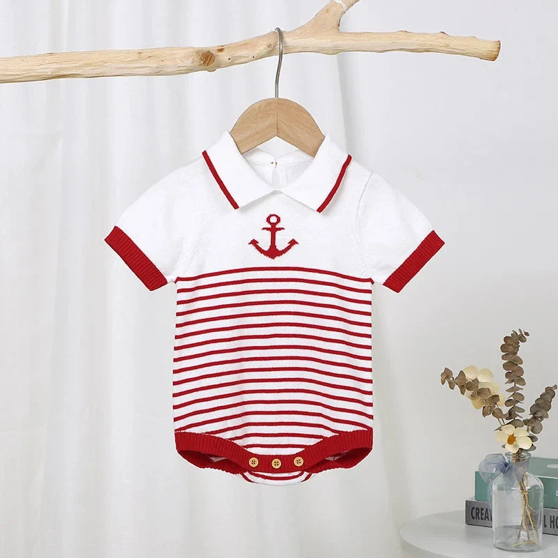 Knitted Baby Romper with Sailor Collar – Short Sleeve Cotton One-Piece (0-18M) - Image 6