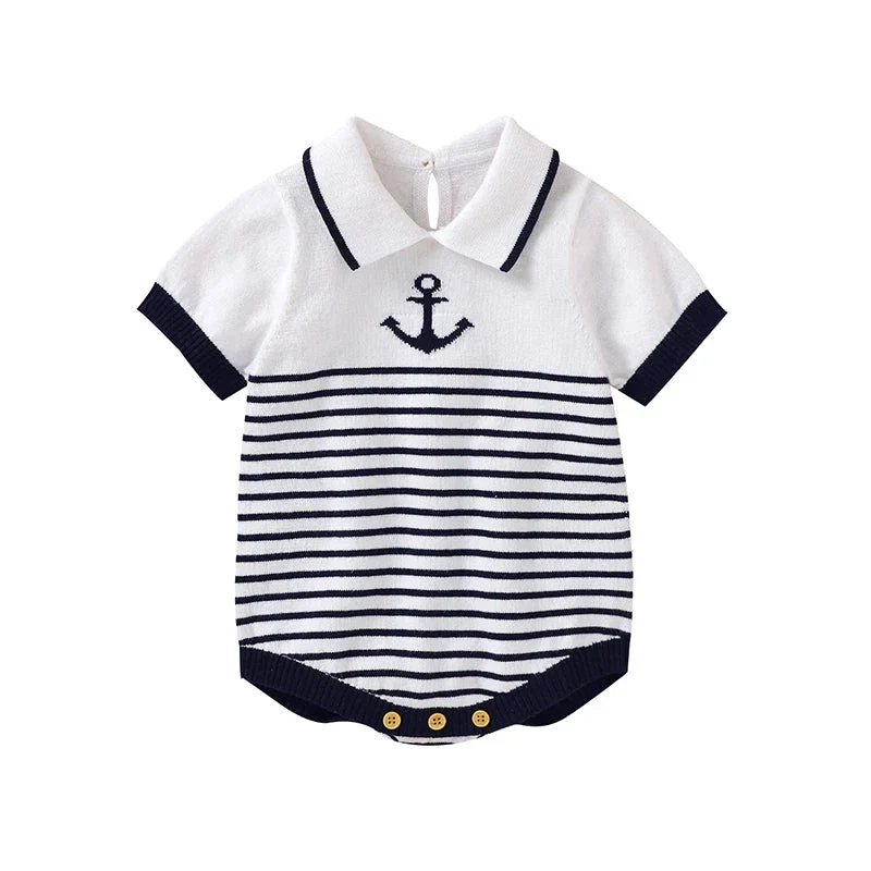 Knitted Baby Romper with Sailor Collar – Short Sleeve Cotton One-Piece (0-18M) - Image 8
