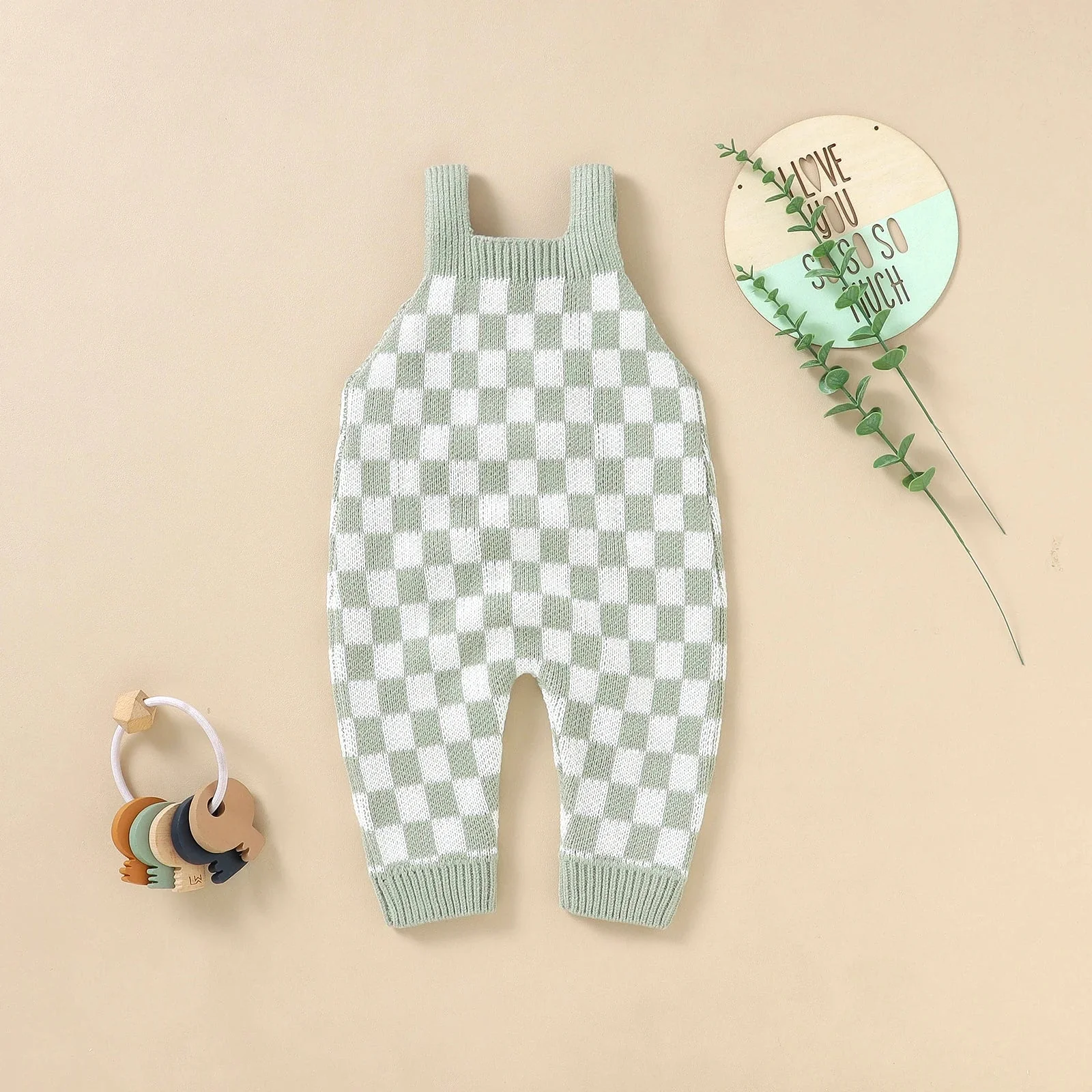 Knitted Gingham Baby Romper with Button Straps (0–24M) - Image 2