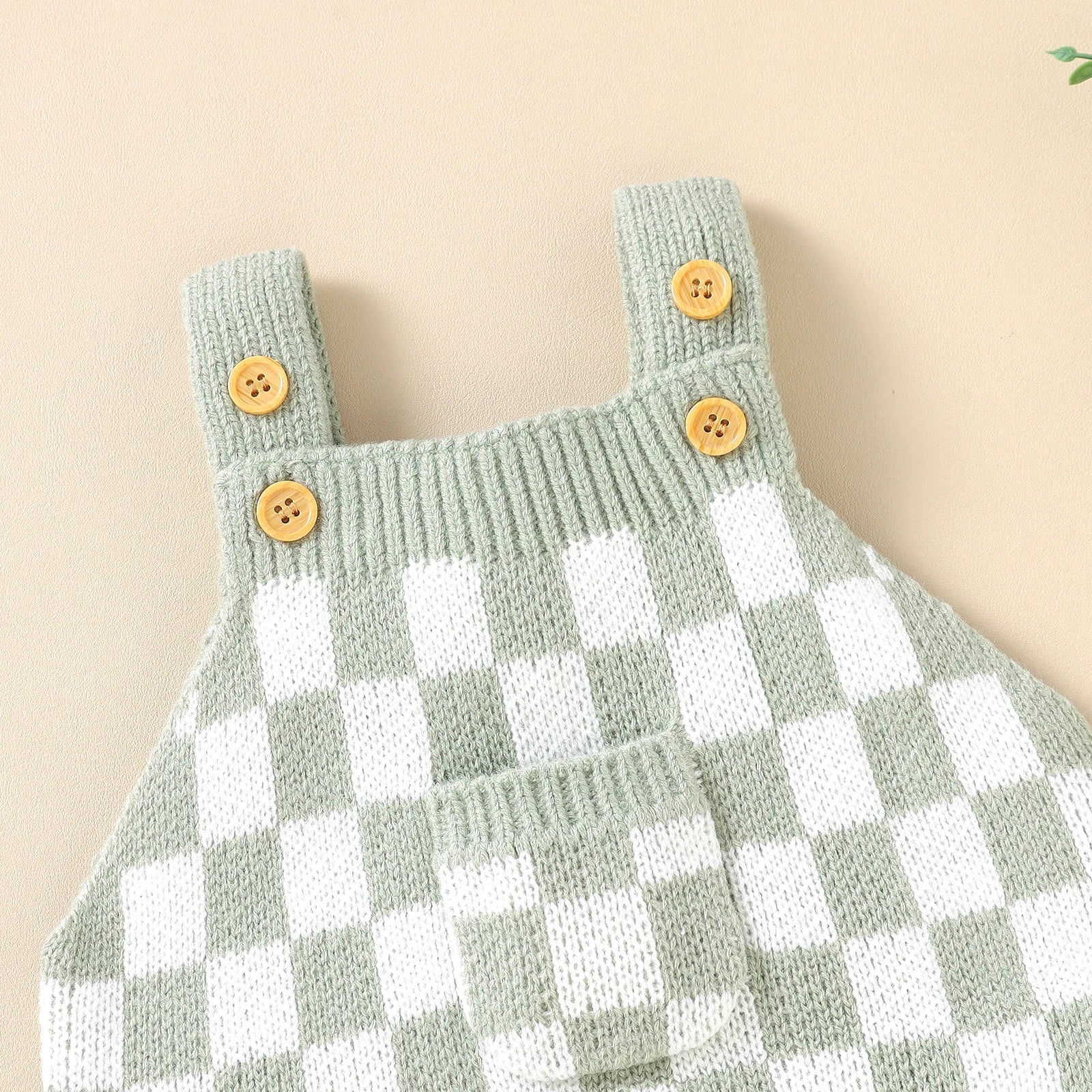 Knitted Gingham Baby Romper with Button Straps (0–24M) - Image 3