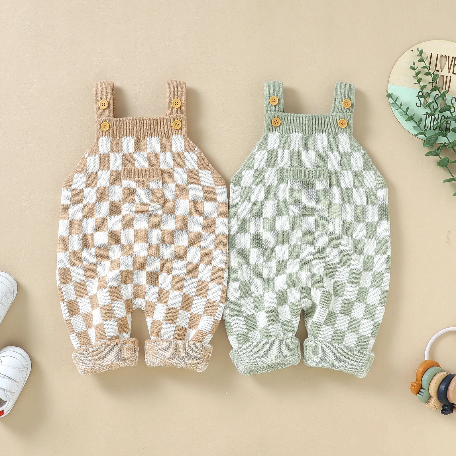 Knitted Gingham Baby Romper with Button Straps (0–24M) - Image 8