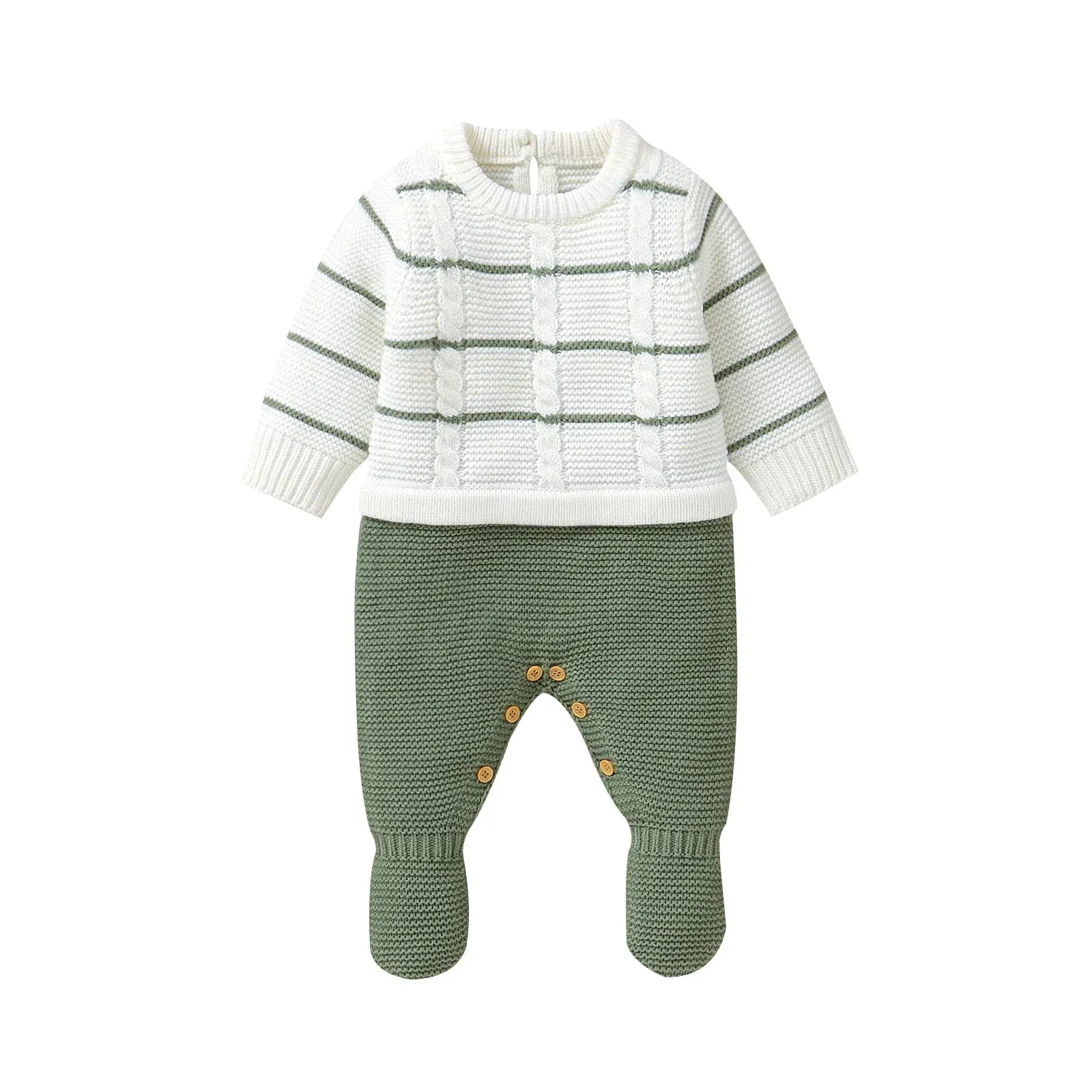Knitted Striped Baby Romper – Warm Footed Jumpsuit (0–12M)