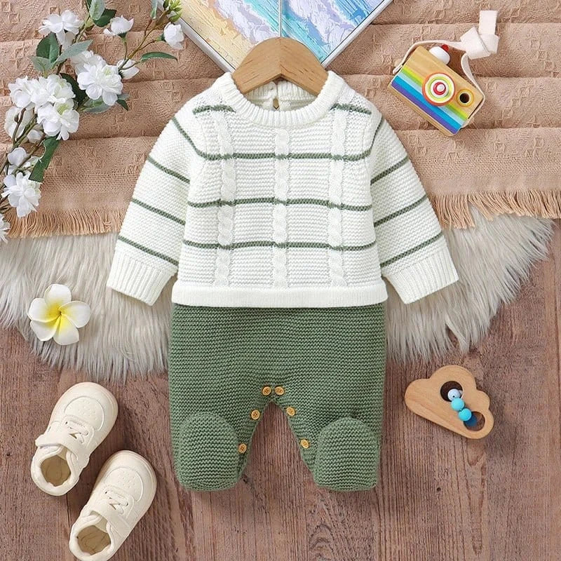 Knitted Striped Baby Romper – Warm Footed Jumpsuit (0–12M) - Image 2