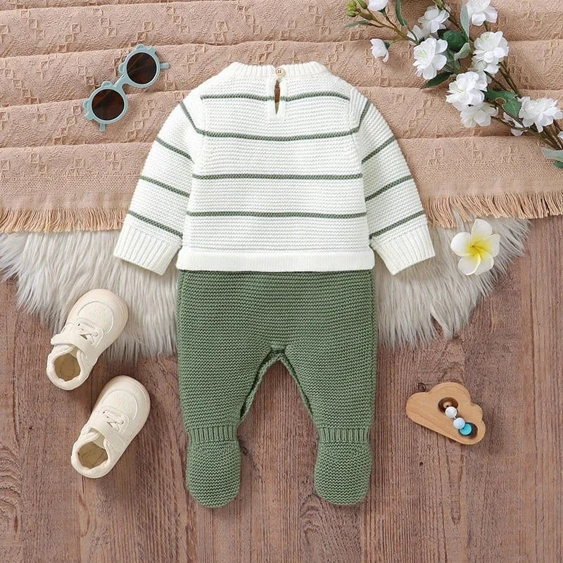 Knitted Striped Baby Romper – Warm Footed Jumpsuit (0–12M) - Image 3