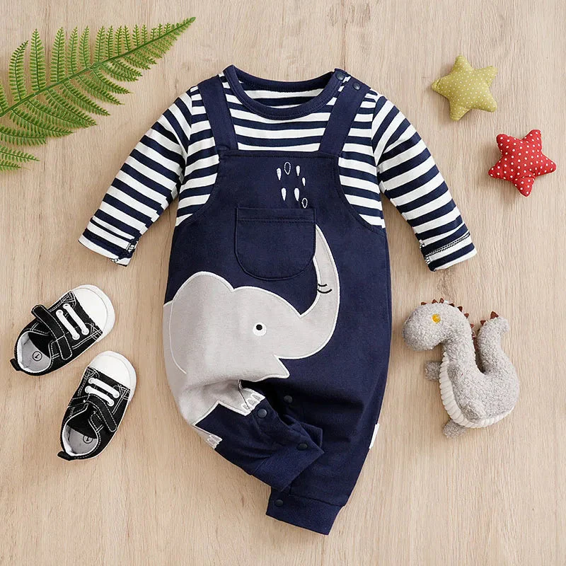 Long Sleeve Cotton Baby Elephant Romper Outfit (0–18M) - Image 2
